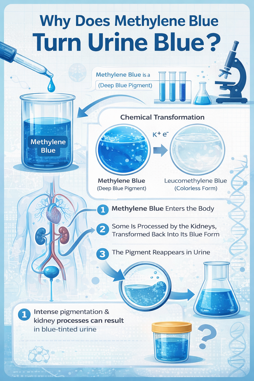 Infograph showing how methylene blue turns urine blue