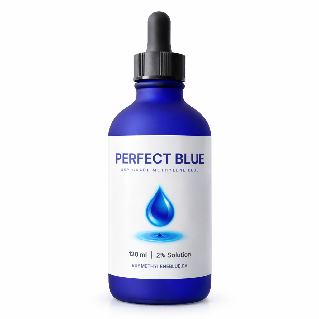 a bottle of perfect blue methylene blue on a white background