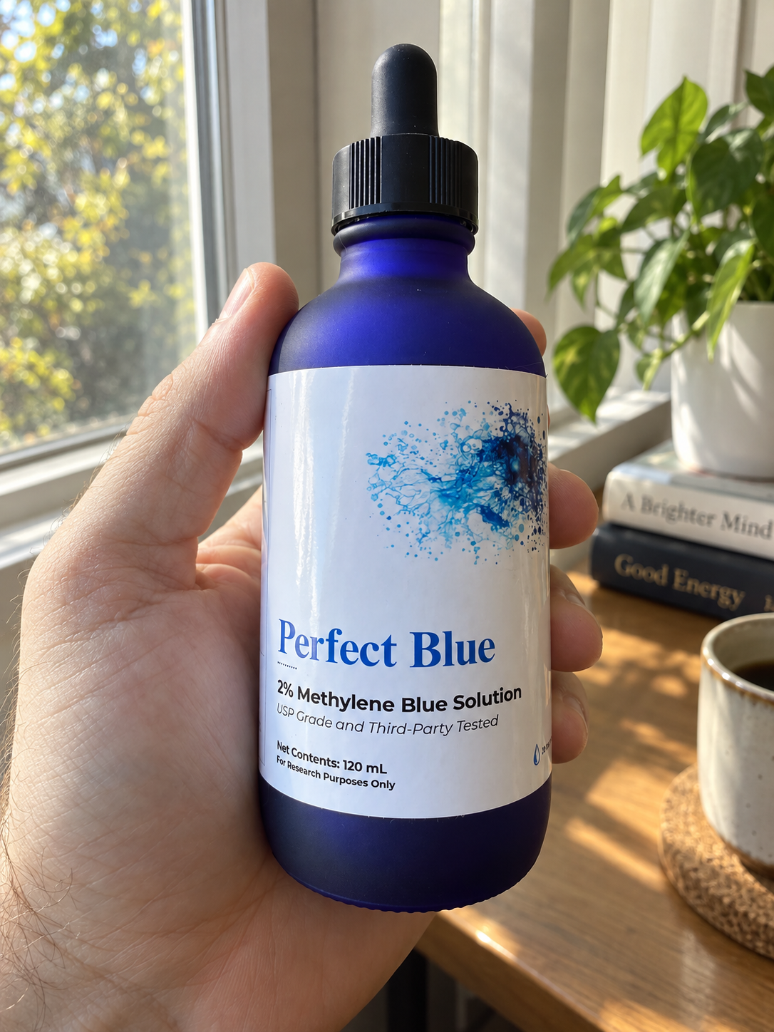 Hand holding Perfect Blue methylene blue bottle