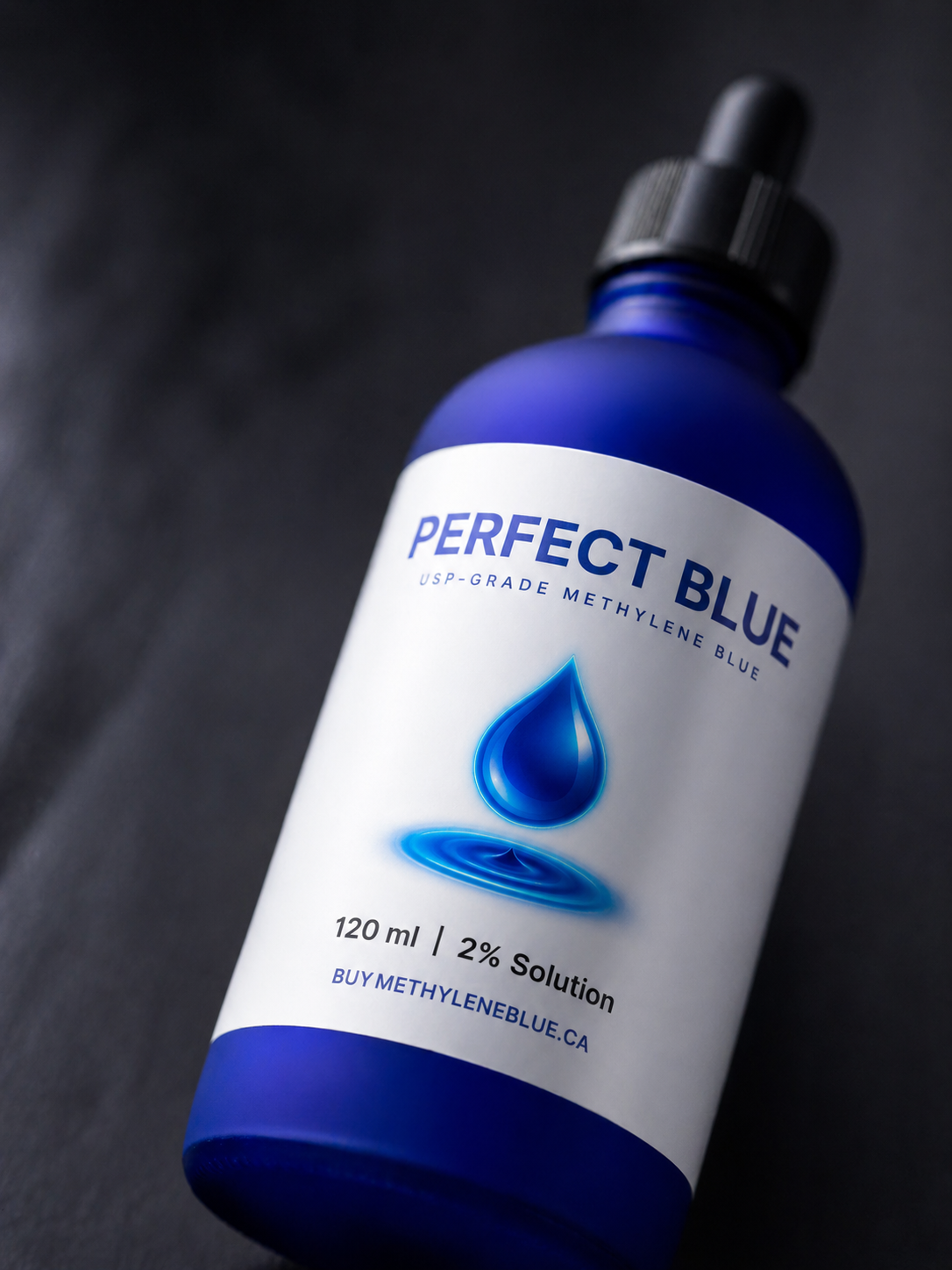a bottle of perfect blue methylene blue close up