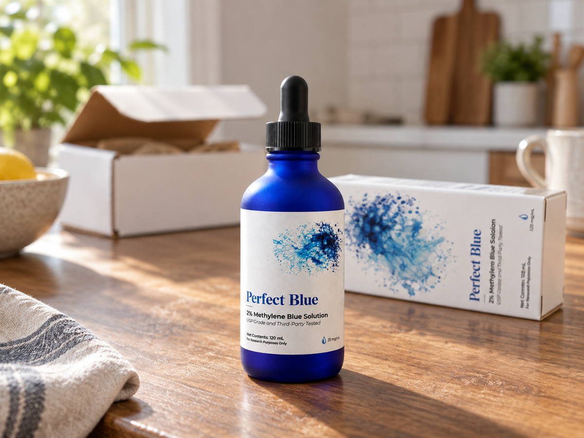 Perfect Blue methylene blue — bottle and packaging